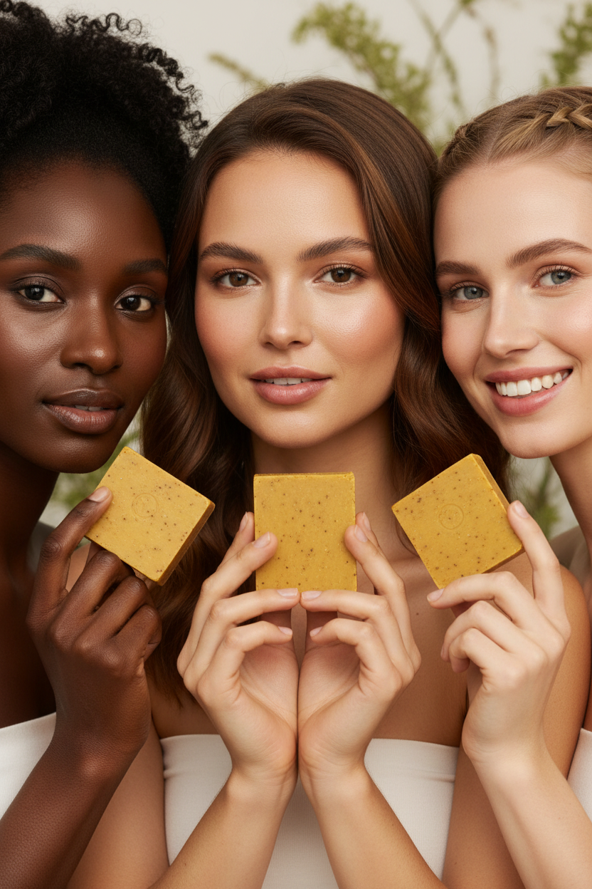 Trois femmes radieuses tenant le savon au curcuma